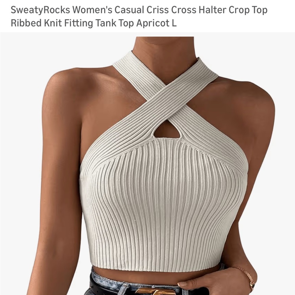 Criss Cross Ribbed Halter Crop Top - Apricot